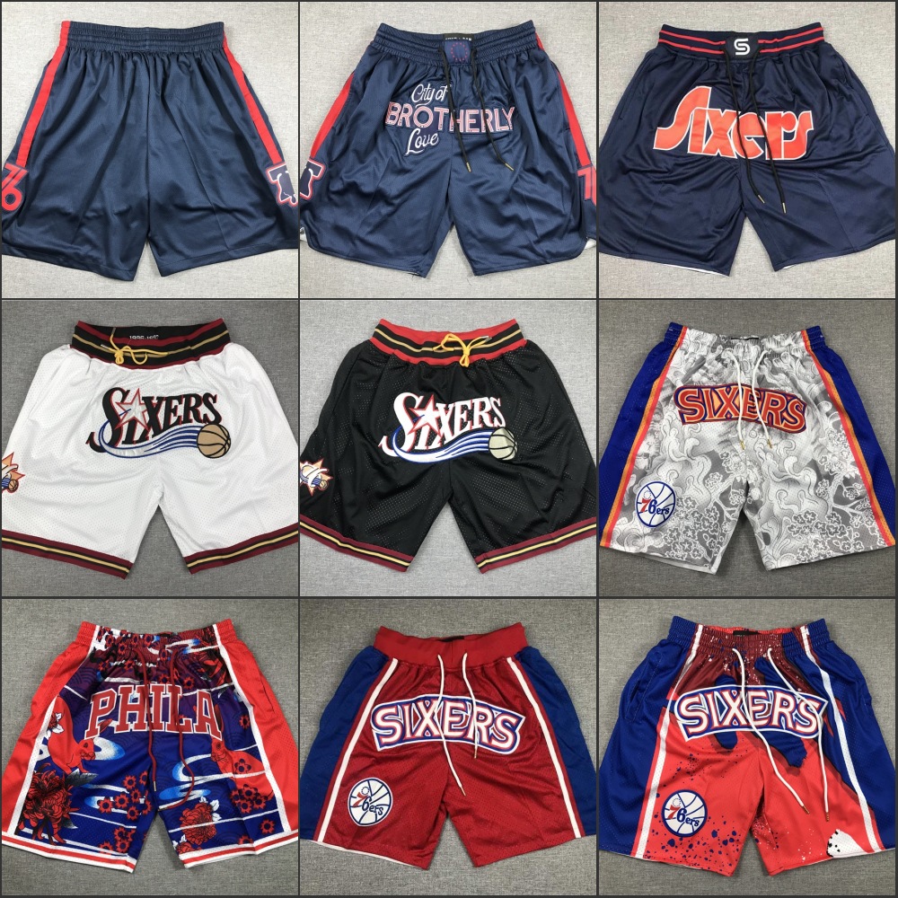 Basketball pants dense embroidered shorts pants Philadelphia 76ers retro full embroidered zipper pocket pants wholesale