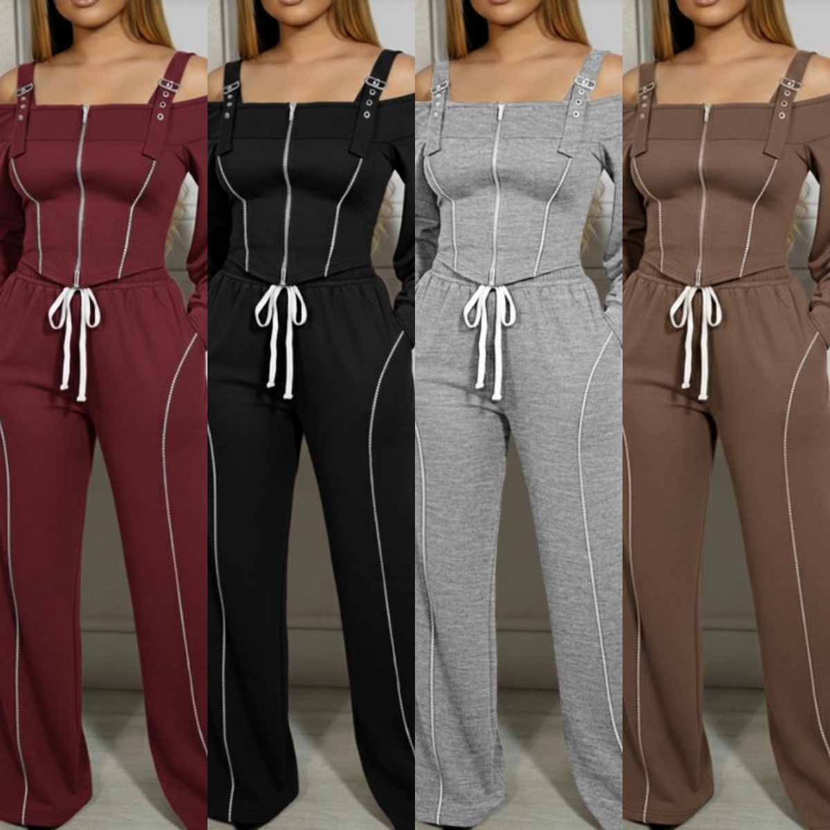 Off-Shoulder Top & Drawstring Pants Set - Trendy Long Sleeve Outfit (S-XXL, Burgundy )