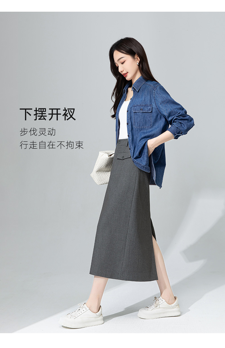 Váy midi len Tencel xám đậm xẻ tà ống suông đa năng — màu xám chi tiết 19