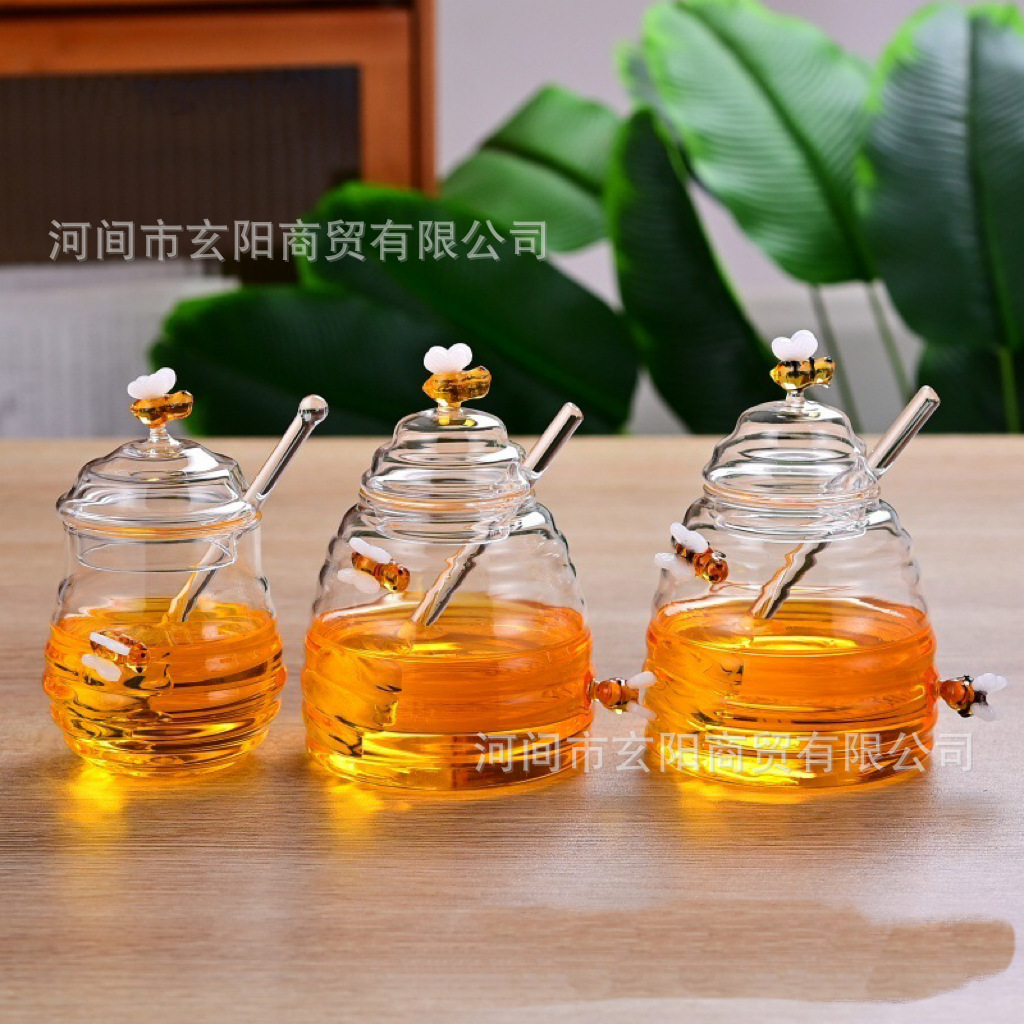 高硼硅玻璃密封罐竹木盖带搅拌棒存储罐透明蜂蜜罐家用高颜值储物