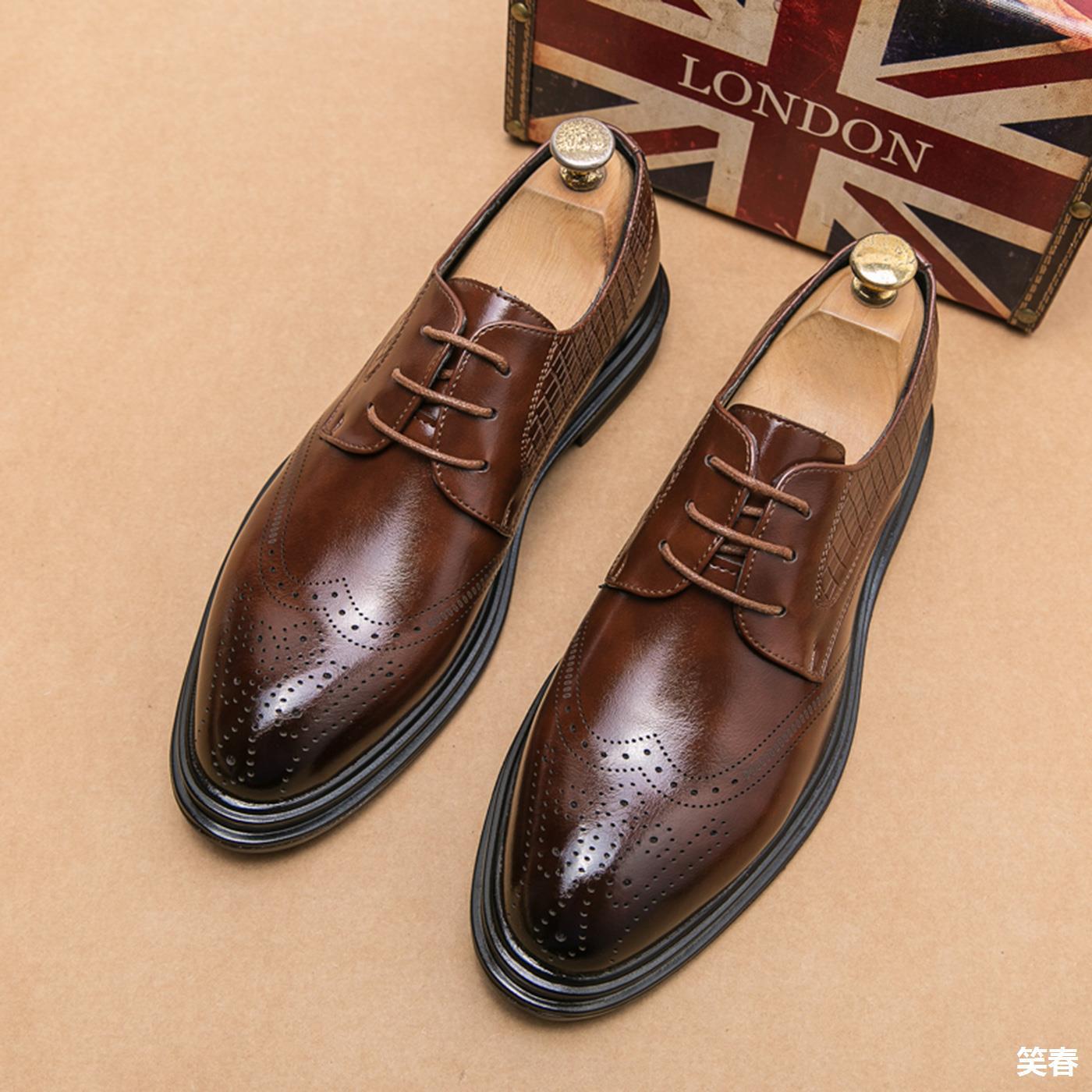夏季布洛克男鞋英伦风西装结婚新郎商务正装休闲内增高皮鞋男棕色