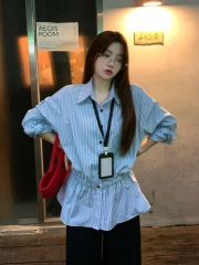早秋蓝色条纹衬衫女中长款秋季穿搭叠穿衬衣裙2025新款设计感上衣