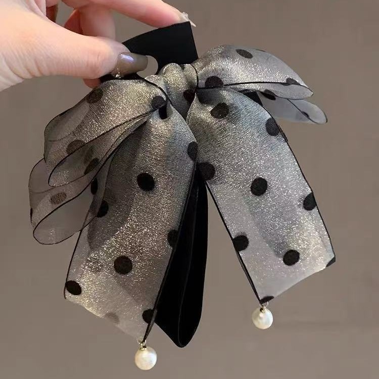 Korean Style Satin Snow Gauze Polka Dot Bow Clip Retro Pearl Pendant Elegant Shark Clip Hairpin for Women on the Back of the Head