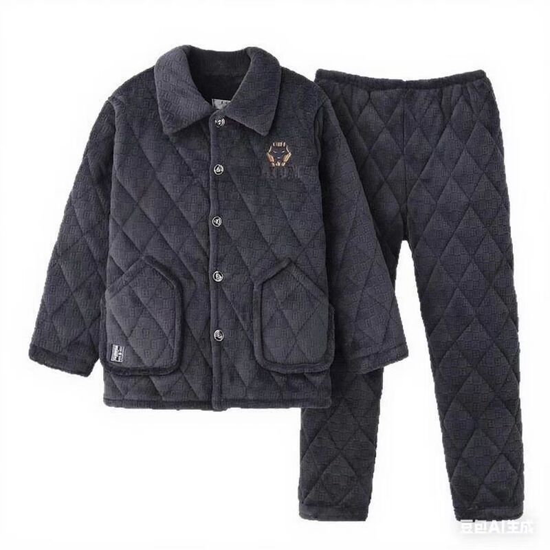 Winter Three-Layer Home Cotton-Padded Pajamas for Men, Fleece-Lined, Thickened, Loose Fit, Large Size, Mid-Length, Flannel, for Middle-Aged and Elderly People