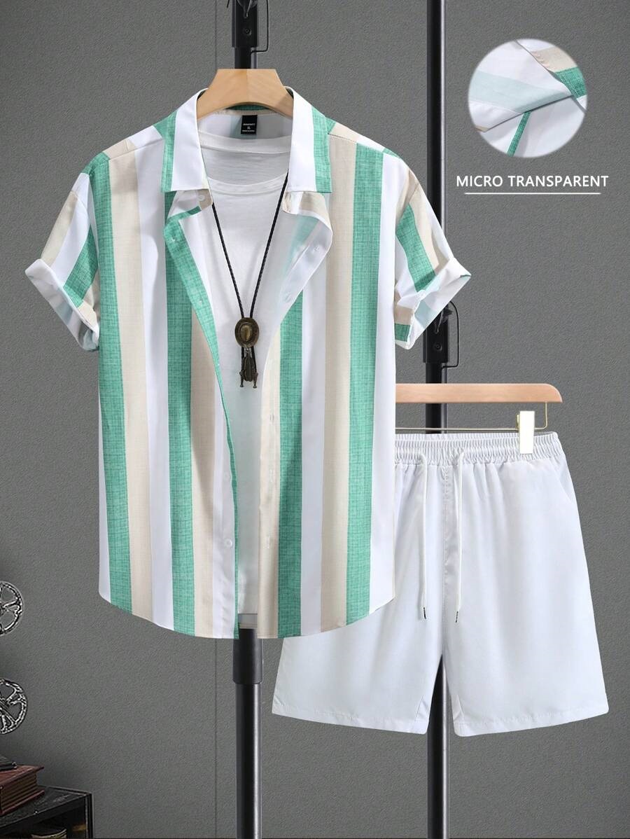 Sencillo contraste color rayas impresión 3D transfronterizo Xiyin venta caliente verano hawaiano vacaciones camisa pantalones cortos traje