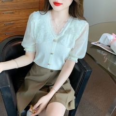 夏服 2025 新しいレース V ネック半袖セーター女性のスリムフィットシフォンパフスリーブトップ