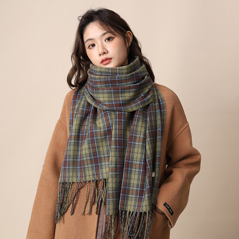 Neues grün kariertes Tuch im koreanischen Stil für Damen, vielseitig einsetzbar im Herbst und Winter, individuell und hochwertig, warmer Schal_voghion.com