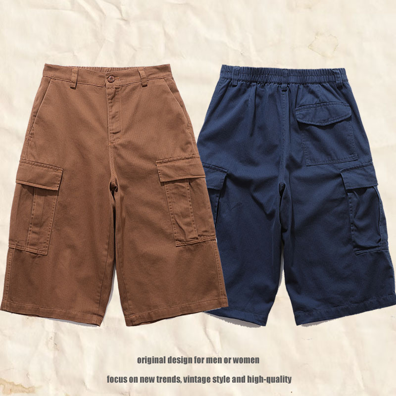 Tkpa Multi-Pocket Cargo Cropped Pants Summer New Retro Trendy Loose Straight Wide-Leg Shorts Unisex