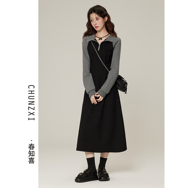 60221#春知喜秋季新款Polo领休闲连衣裙女显瘦气质收腰长袖卫衣裙|undefined