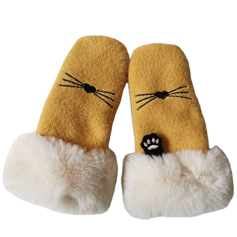 手套冬天女保暖可爱卡通日系学生加绒针织棉防寒骑车软妹连指手套