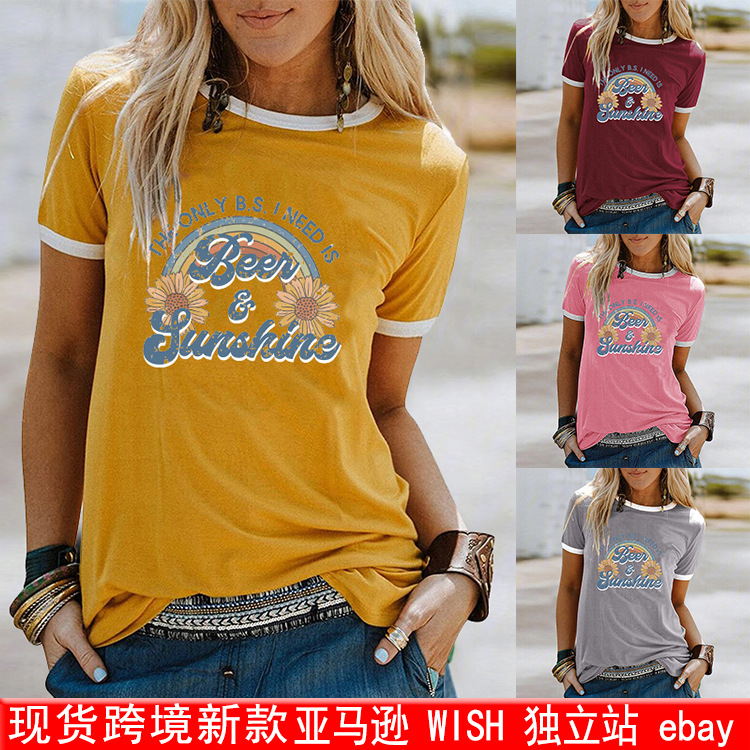 现货独立站joom时尚女装T恤衫THE ONL B.S. I NEED学位夏季短袖