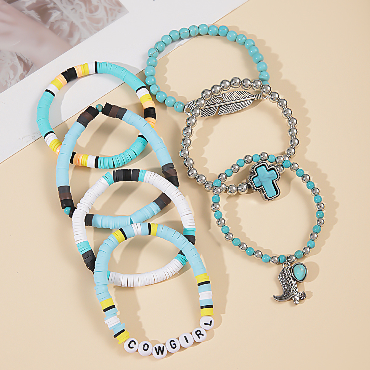 49g Weight Alloy Pendant Material Bracelets Classification Beaded, Turquoise Chain Material 1 Set Quantity Daily Occasion Beaded, Alloy, turquoise Material Cross, Cattle, Boots Pattern Women's Gender Retro Style Retro Cross Cattle Boots Beaded Alloy Turquoise  Beaded Bracelets Wholesale 9
