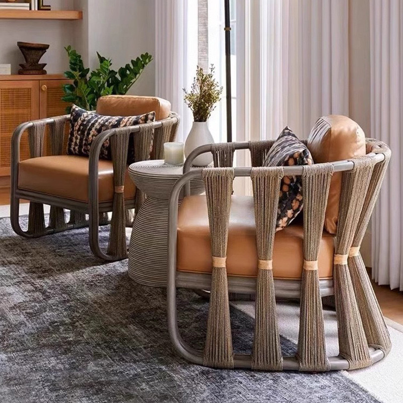 Nórdico al aire libre de caña ocio creativo sofá silla pequeña casa balcón mesa de té individual combinación de jardín perezosa silla de caña