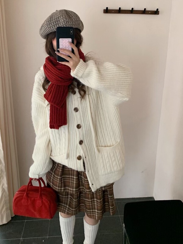 美式复古慵懒风连帽毛衣外套女秋冬季新款学院风宽松休闲针织开衫|undefined