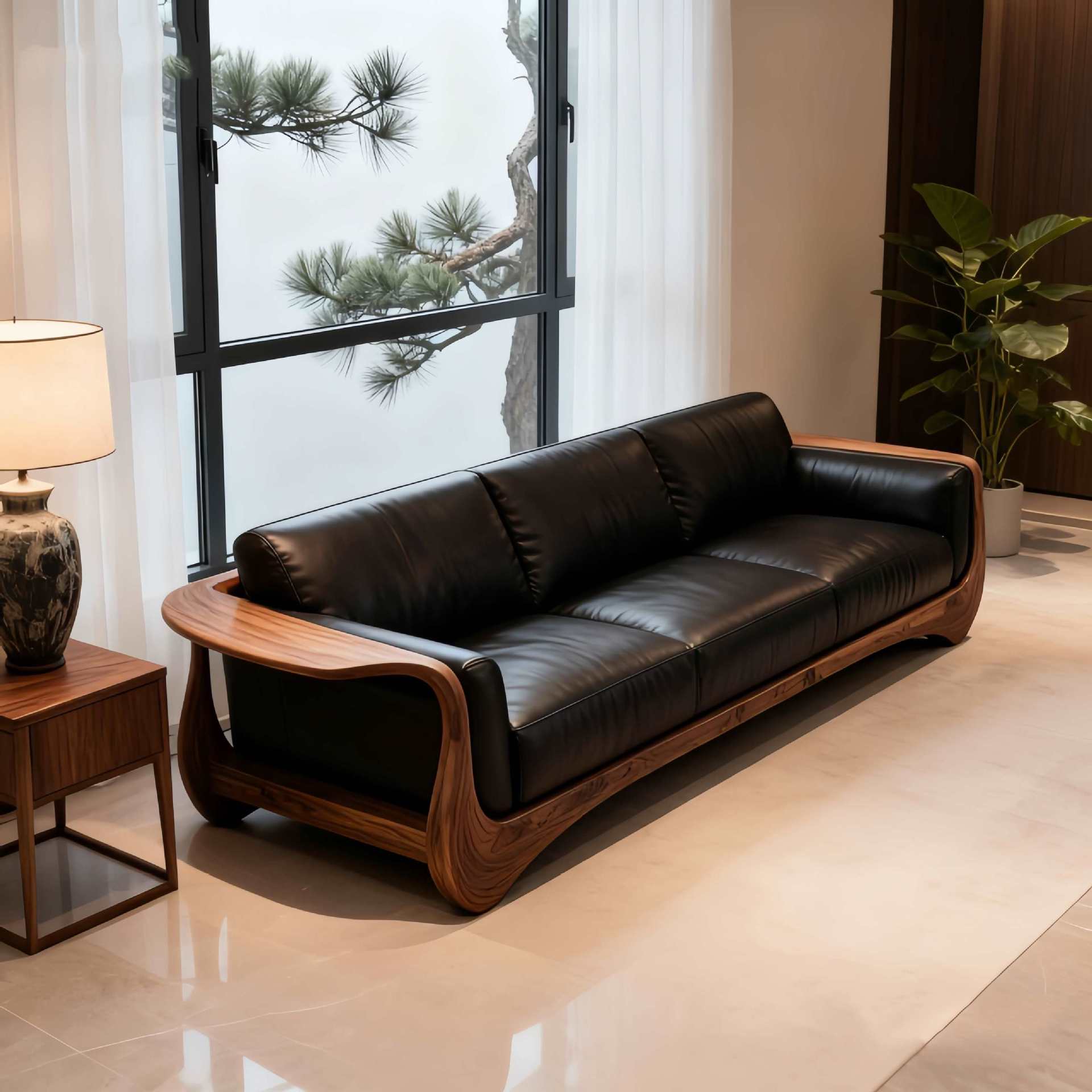 New Chinese Style Living Room Walnut Solid Wood Sofa 2025 New Living Room Villa Light Luxury Simple Leather Art Fabric Sofa