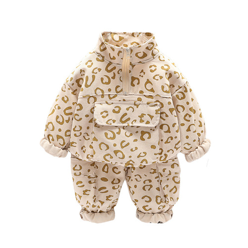 Children's Clothing Wholesale Children's Clothes Leopard Print Stand Collar Two-piece Set Boys Spring and Autumn Sports Suit Korean Style Baby Clothes