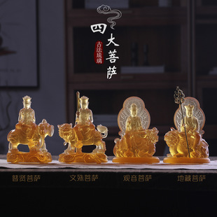 Coloured Glaze Four Bodhisattvas Puxian Manjusri Guanyin Ksitigarbha Statues Home Chinese Ancestral Temple Desertification Desktop Ornaments Handmade