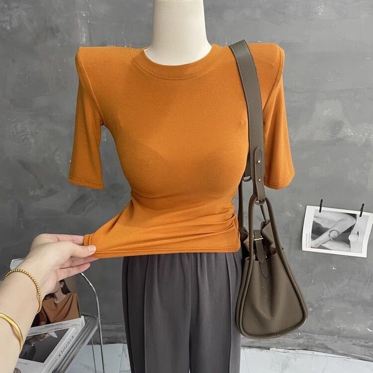 Super Comfortable to Wear~ Basic Style Padded Shoulder Mid-Sleeve T-Shirt for Women, Round Neck Top, Five-Quarter Sleeve Slim-Fit Base Shirt, Slimming Inner Wear for Summer Super Comfortable to Wear~ Basic Style Padded Shoulder Mid-Sleeve T-Shirt for Women, Round Neck Top, Five-Quarter Sleeve Slim-Fit Base Shirt, Slimming Inner Wear for Summer