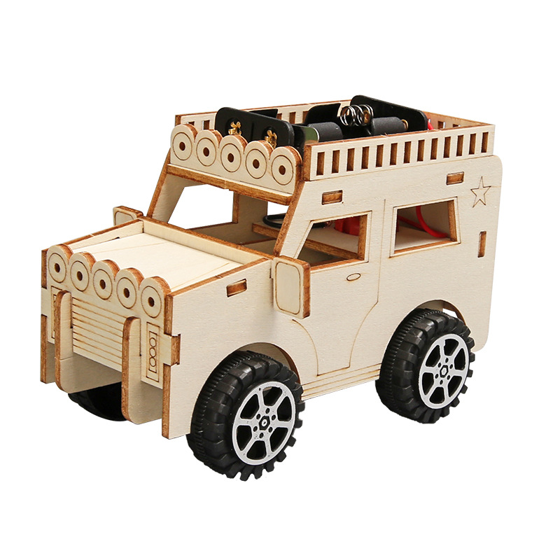 Jeep modelo de juguete de coche para niños tecnología de bricolaje pequeño paquete de material de montaje de vehículos todoterreno de madera
