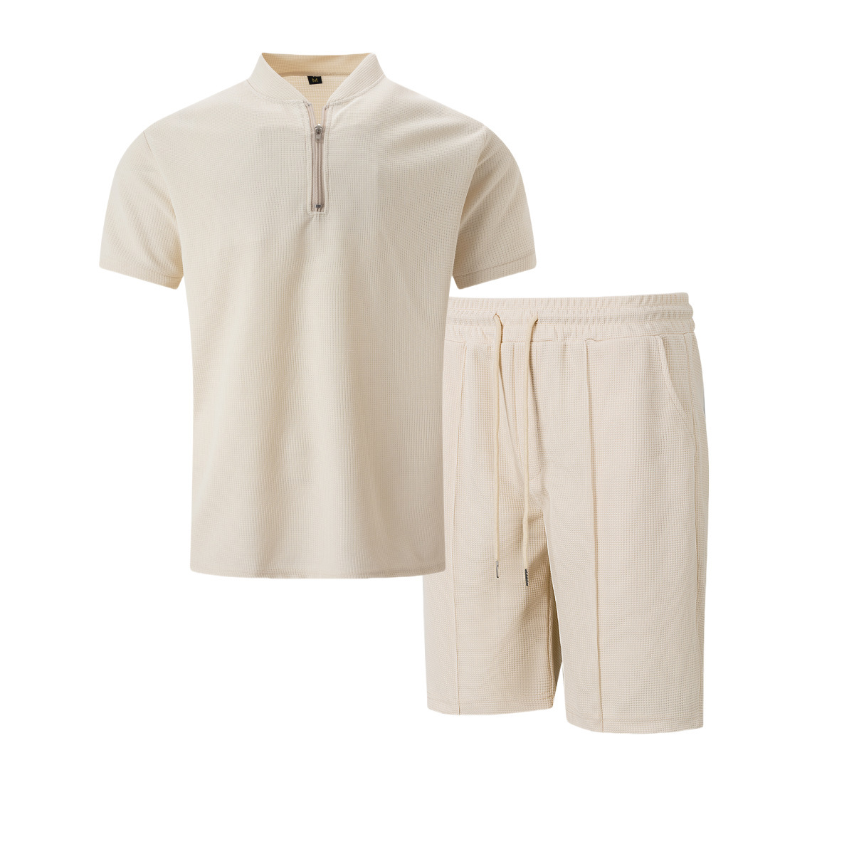 Men's Waffle Stand Collar Zip Set Casual Breathable Short Sleeve_voghion.com