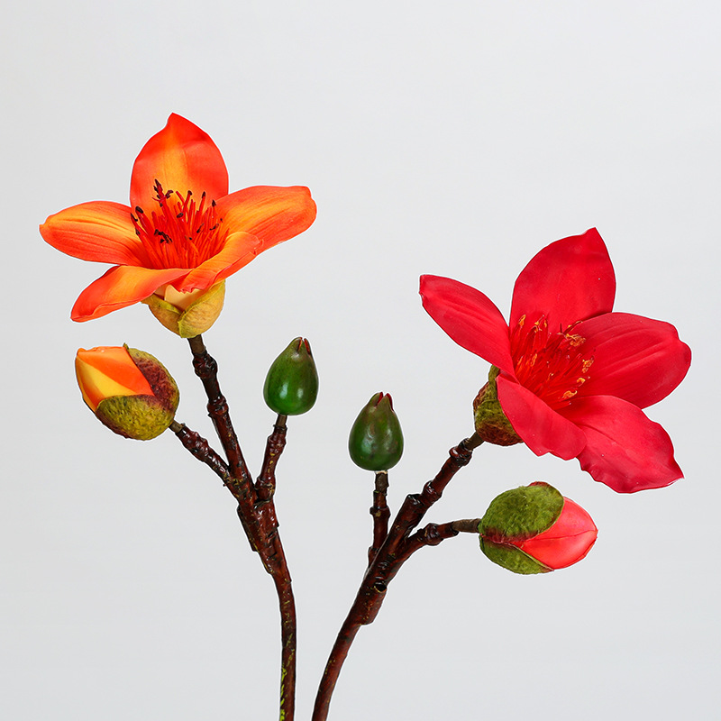 单花朵手感木棉花枝英雄花玉兰花表演道具橱窗红色仿真花