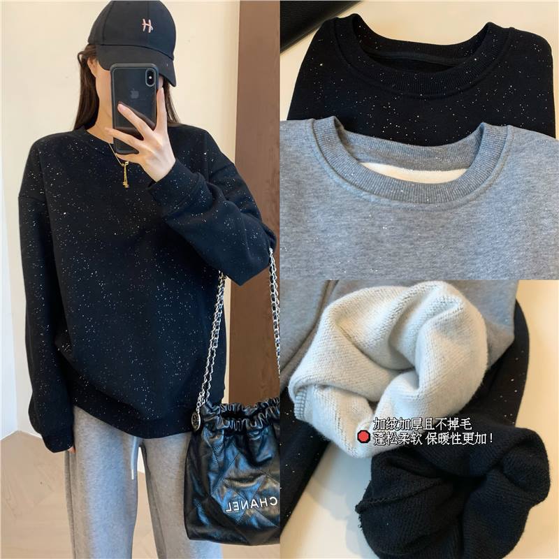 Starry Sky! Velvet Thickeneded Soft Fluffy Heavy Industry Shiny Loose Fit Round Neck Off-Shoulder Sleeve Sweatshirt for Women Starry Sky! Velvet Thickeneded Soft Fluffy Heavy Industry Shiny Loose Fit Round Neck Off-Shoulder Sleeve Sweatshirt for Women