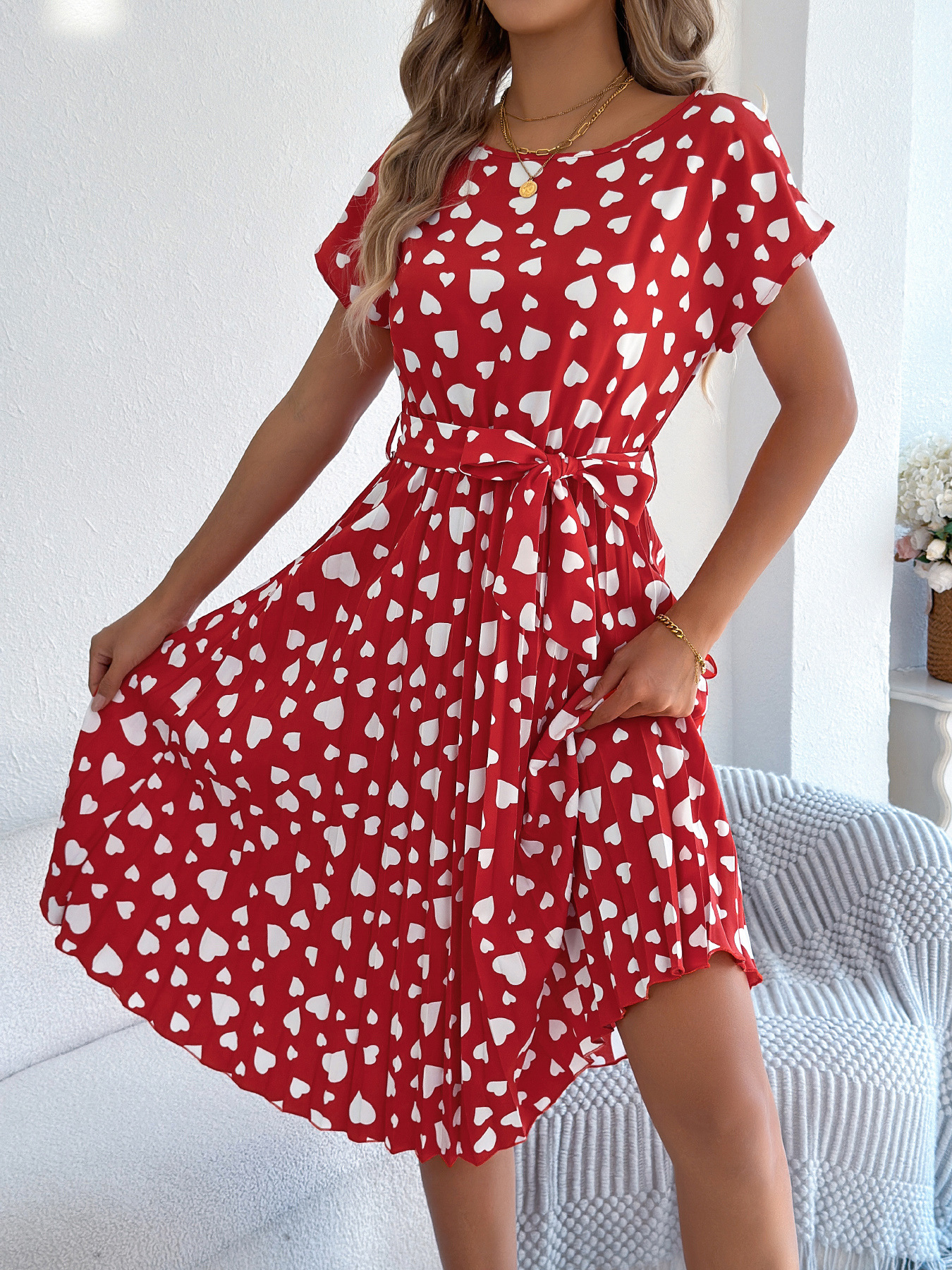 Valentine Day Gift Spring Summer Casual Contrast Color Love Heart Short Sleeve Waist Controlled Pleated Dress Women Clothing 7 Valentine Day Gift Spring Summer Casual Contrast Color Love Heart Short Sleeve Waist Controlled Pleated Dress Women Clothing