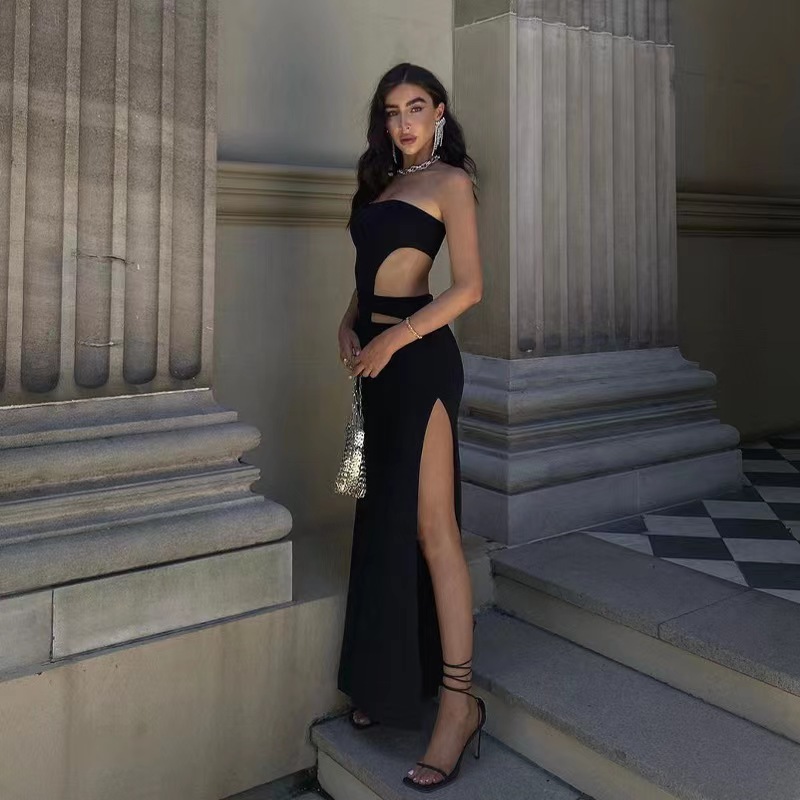 Fashion Sexy Strapless Hollow Out Cutout High Slit Bodycon Evening Dresses For Women_ecoleips.com