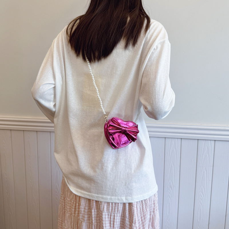 Bolso de hombro de niña brillante láser de moda Mini love bowknot bandolera de bebé bolso de cadena de perlas para niños