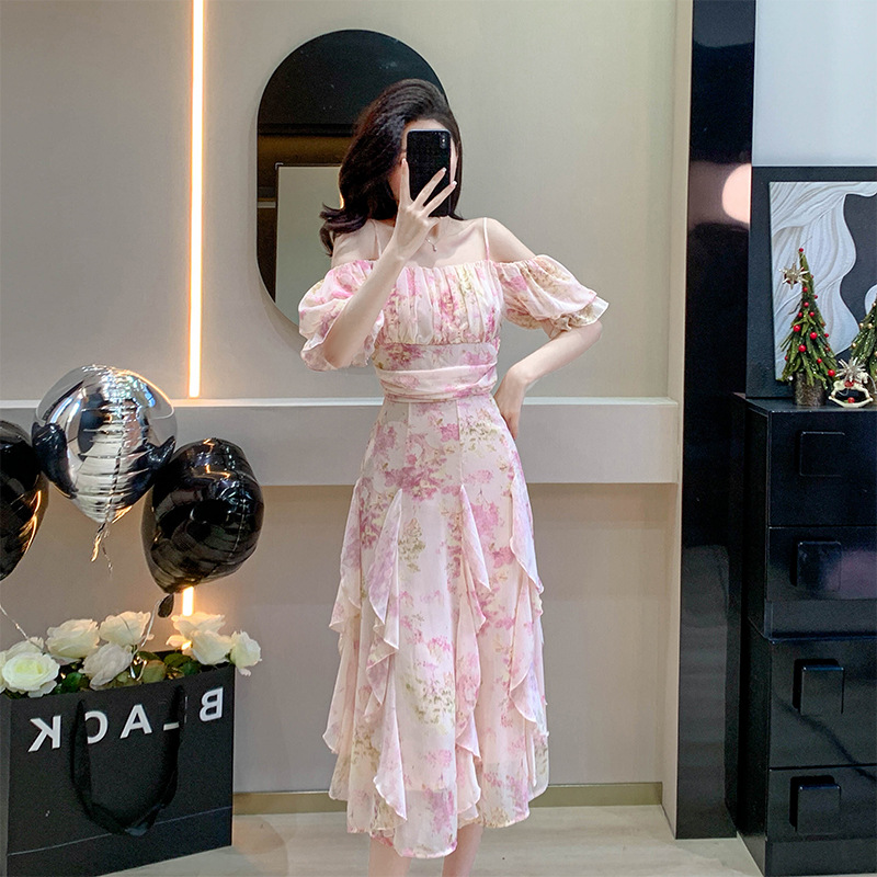 Summer Sweet Floral Dress For Women-French Tea Time Style With Shoulderless Strapped And Irregular Fairy Long Skirt_ecoleips.com