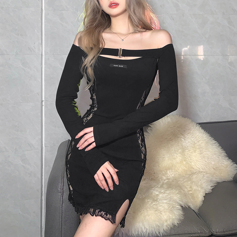 Color-Blocking Lace Long-Sleeved Tube Top One-Shoulder Bag Hip Dress NSSS108072