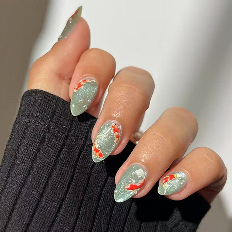 Purely Handmade Almond-Shaped High-End Nude Color Nail Tips with Mint Green Cat Eye Gradient and Hand-Painted Short Nail Art