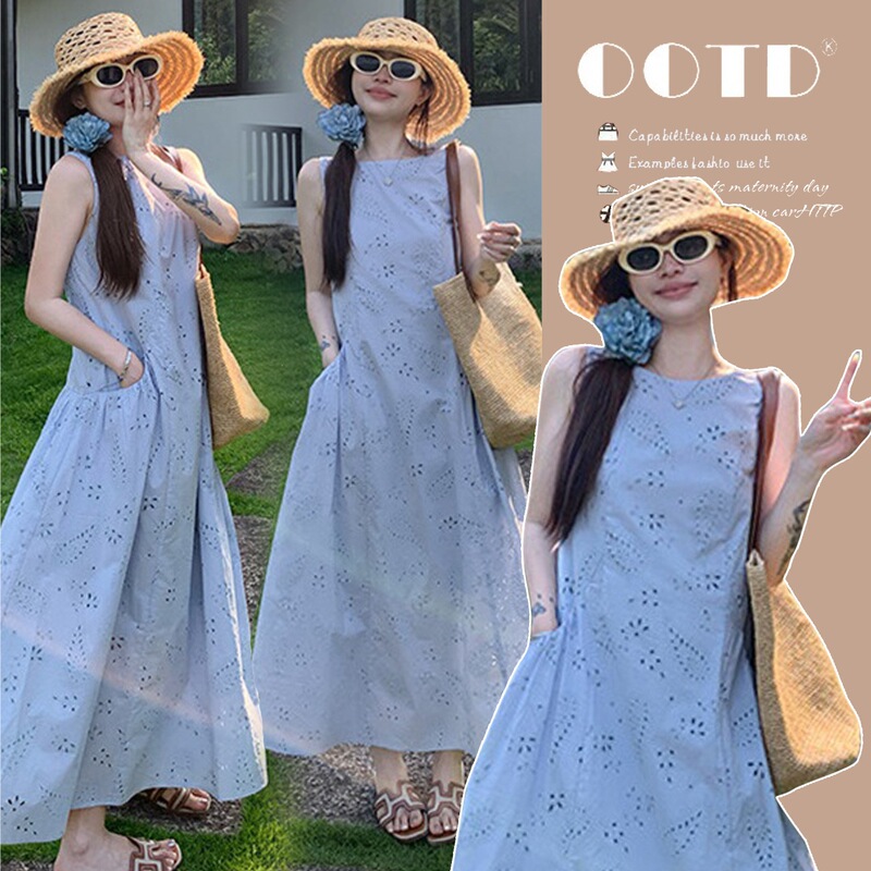 In Stock: New Summer Fashion Design Mid-Length Maternity Dress, Summer French-Style Vest Maternity Long Dress