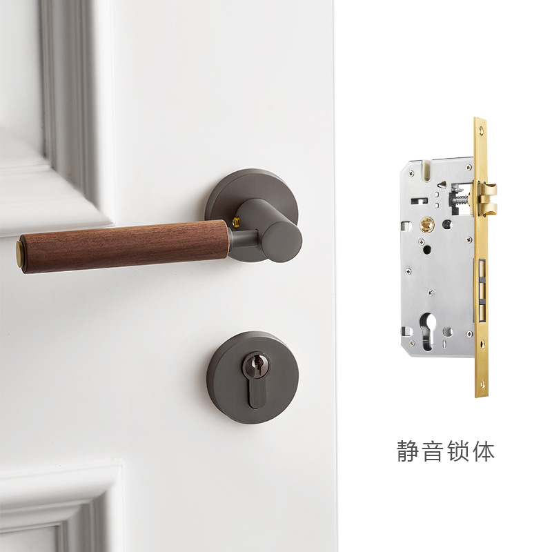 Cerradura de Puerta Interior de Latón para el Hogar, Suministro Directo de Fábrica, Totalmente en Cobre, Estilo Francés, Silenciosa, Magnética, Retro, con Manija de Madera de Cerezo para Dormitorio