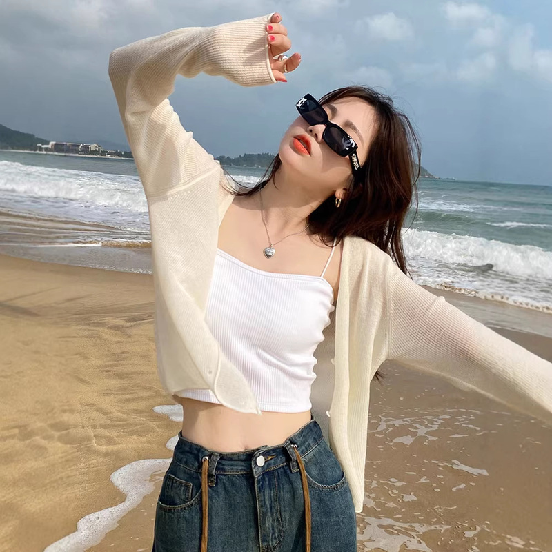 Korean Knitted Ice Silk Cardigan 1688 Spring & Fall Thin Long-Sleeved Short Top Air-Conditioning Shirt Sun Protection Shawl Jacket for Women