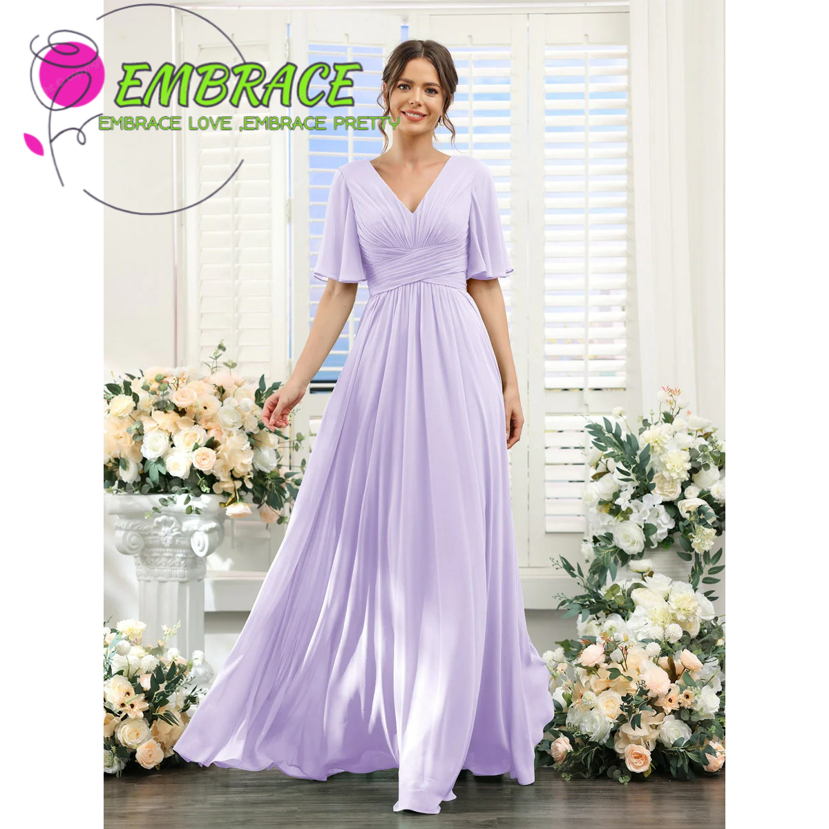 Verano nuevo vestido de noche de chiffon europeo y americano V-collar mangas mariposa novia vestido de damas de honor anfitriona de la fiesta vestido largo