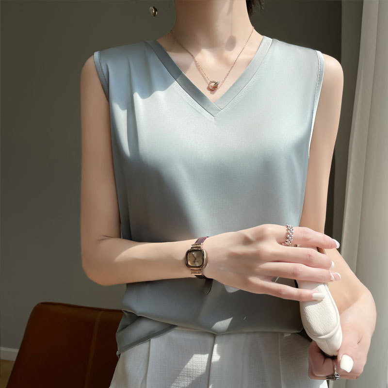Simulated Silk Camisole Women's V Neck Sleeveless T-Shirt Mulberry Silk Summer Bottoming Top White Outer Suit