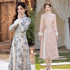 【熱銷同款】加絨加厚秋冬裝顯瘦奧黛新中式長袖改良旗袍年輕款女