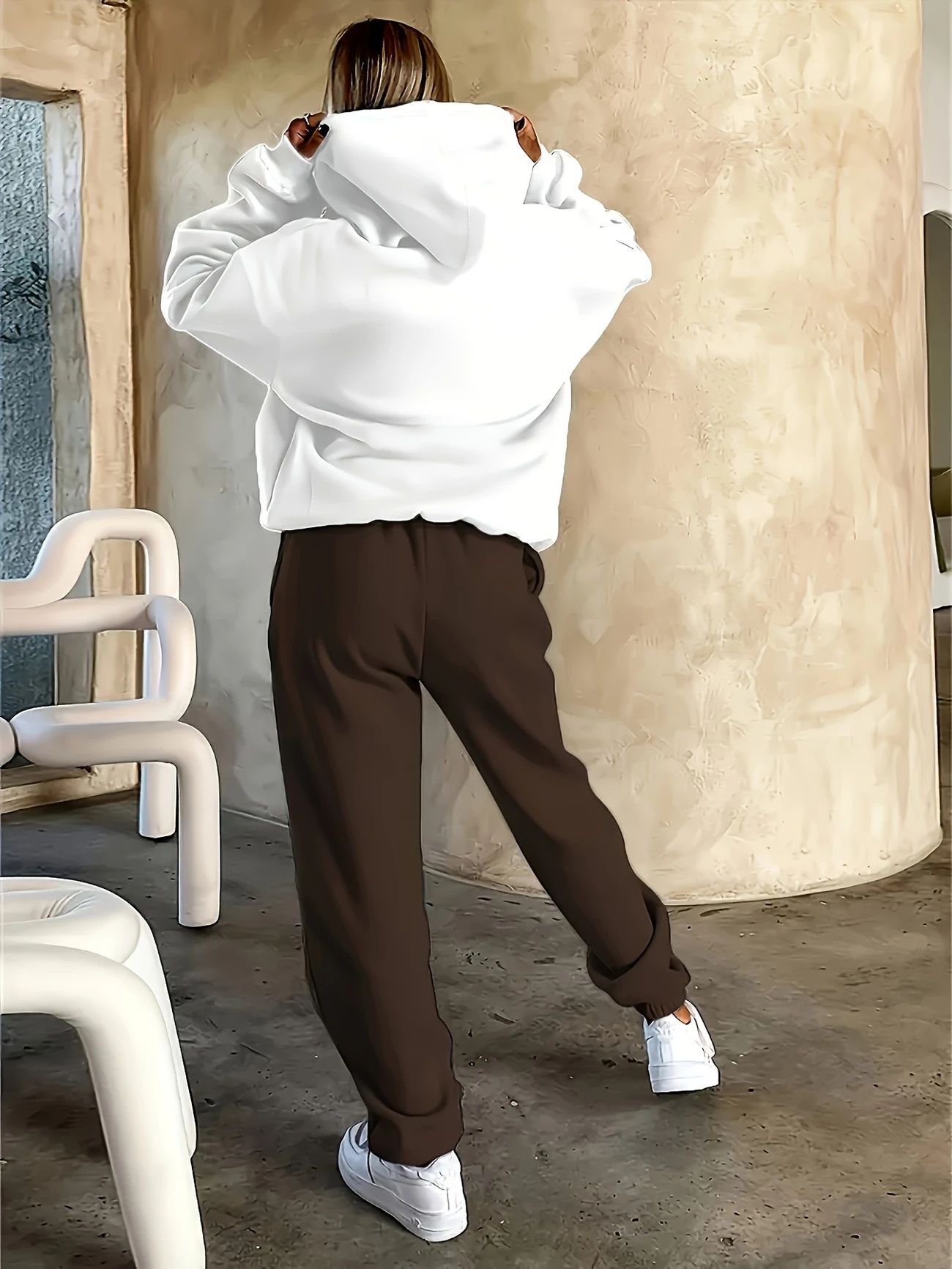 Ensemble sweat à capuche et jogging unisexe à imprimé géométrique pour femme - Pull décontracté tendance avec pantalon assorti (blanc/marron, blanc/vert)_voghion.com