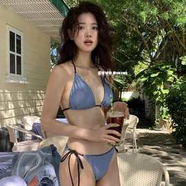 源头厂家蓝色分体泳衣女日韩新款沙滩度假比基尼性感游泳装套装