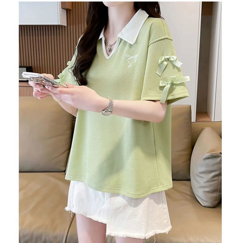 2-300 kg extra grande waffle polo cuello de polo camiseta de manga corta verano femenino nuevo estilo suelto y delgado pajarita top