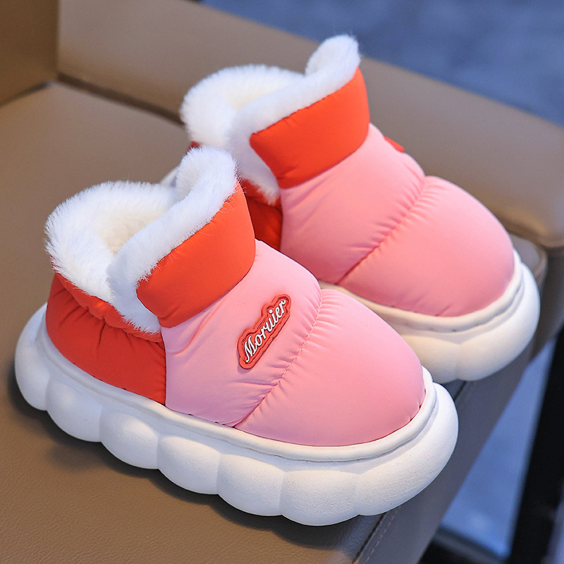 Zapatillas de algodón para niños de invierno para niños y niñas, tela de pluma caliente impermeable para niños pequeños, padres e hijos, bebés en casa