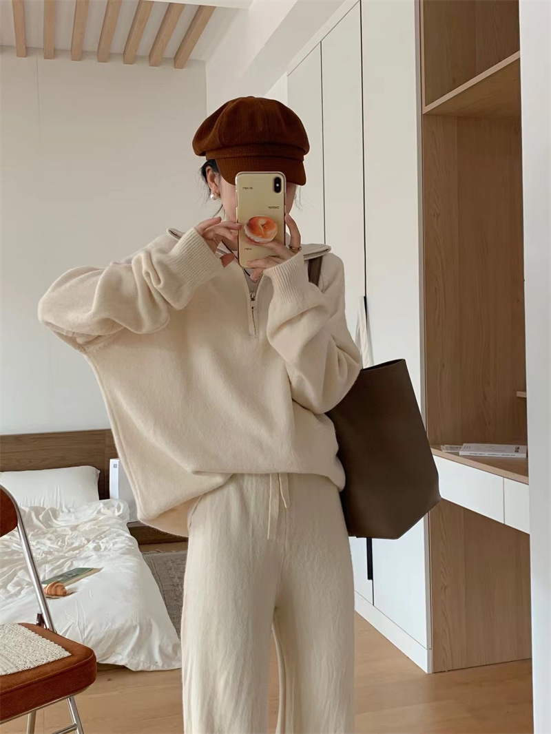Women’s Korean Style Knit Sweater & Wide Leg Pants Set – Lapel Half-Zip Lounge Suit (One Size, 6 Colors)_voghion.com