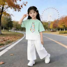 儿童短袖t夏装卡通印花纯棉圆领上衣女大童夏季时尚拼色洋气衣服