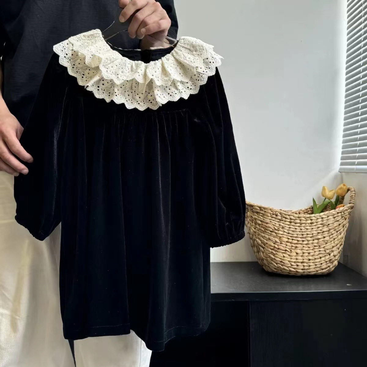 Qian Qi niñas de otoño nuevo borde de encaje reanudación de color sólido vestido de solapa vestido de moda coreano para mujeres