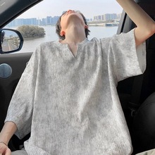 美式V领扎染冰感短袖t恤男夏季痞帅设计感小众cleanfit正肩五分袖