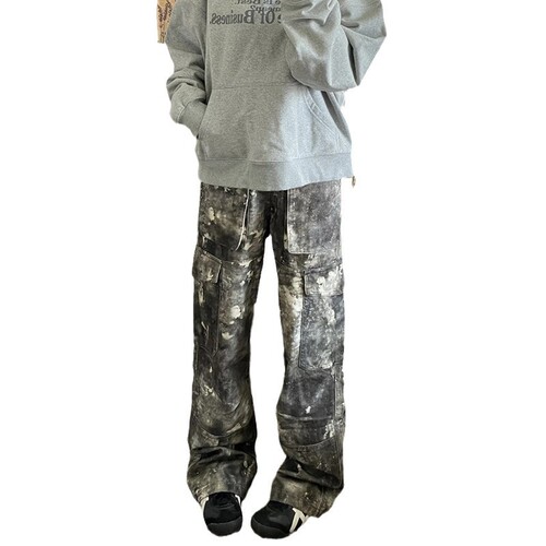 Vibe-style American high street retro printed camouflage work pants for men and women, gender-neutral loose niche straight-leg jeans