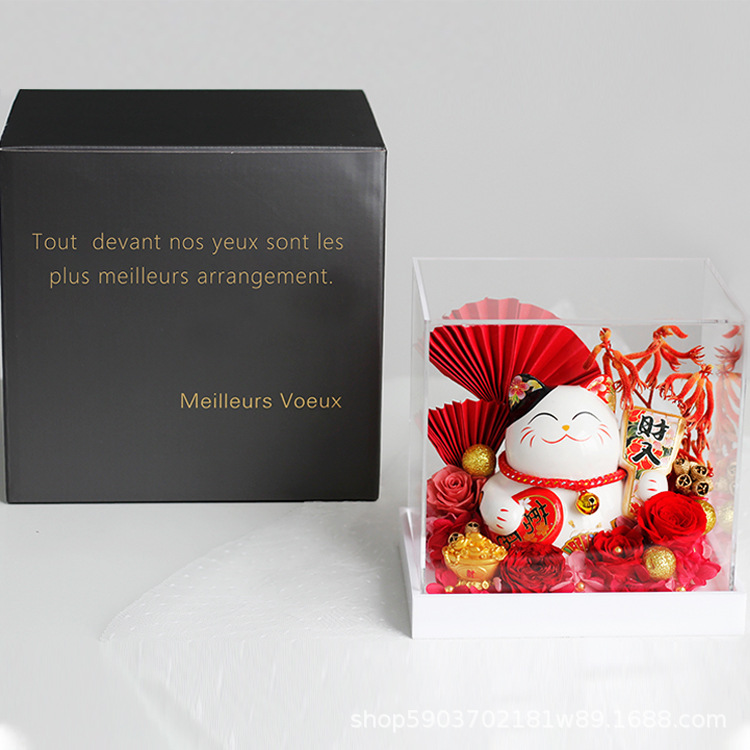 Flor de Víspera de Año Nuevo regalo de Año Nuevo de cerámica fortuna gato caja de regalo de acrílico Rosa flor seca Yunnan flor eterna producto terminado