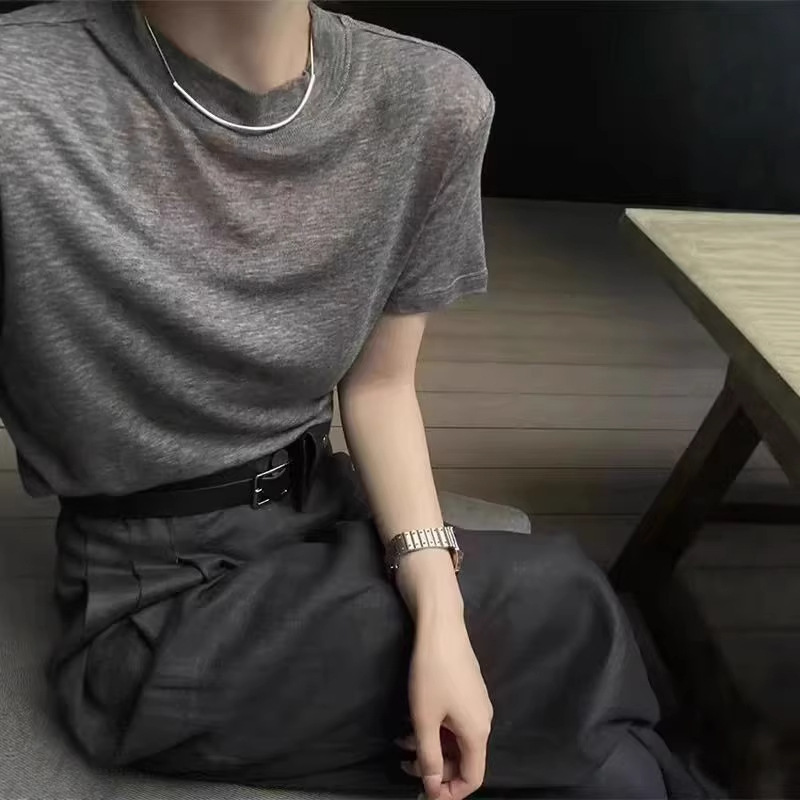 Tencel Wool Mask T-Shirt for Women, Summer Korean Style, Fashionable Slim-Fit Simple Gray Short-Sleeve T-Shirt, Regular Shoulder Round-Neck Top Tencel Wool Mask T-Shirt for Women, Summer Korean Style, Fashionable Slim-Fit Simple Gray Short-Sleeve T-Shirt, Regular Shoulder Round-Neck Top