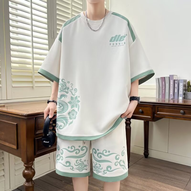 Tide brand waffle short sleeve junior high school boys teenagers 2024 new summer students handsome trend two suit